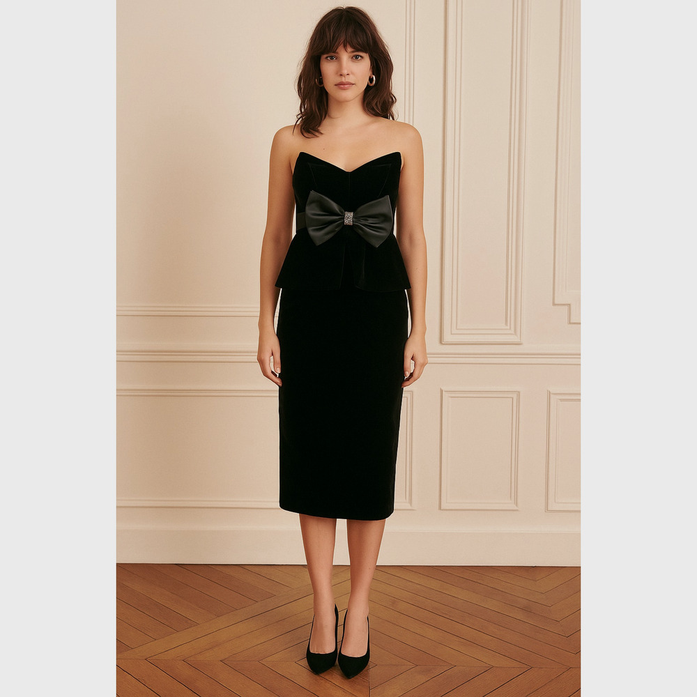 Vintage y2k Sz6 Crystal Velvet BOW Peplum Strapless Party Dress Cocktail Black